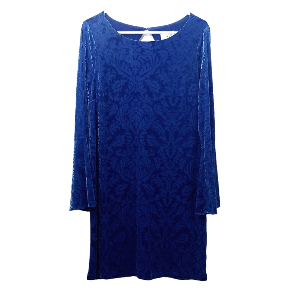 eci New York Women's Size Medium Dress Blue Velvet Bell Sleeve Burnout Shift